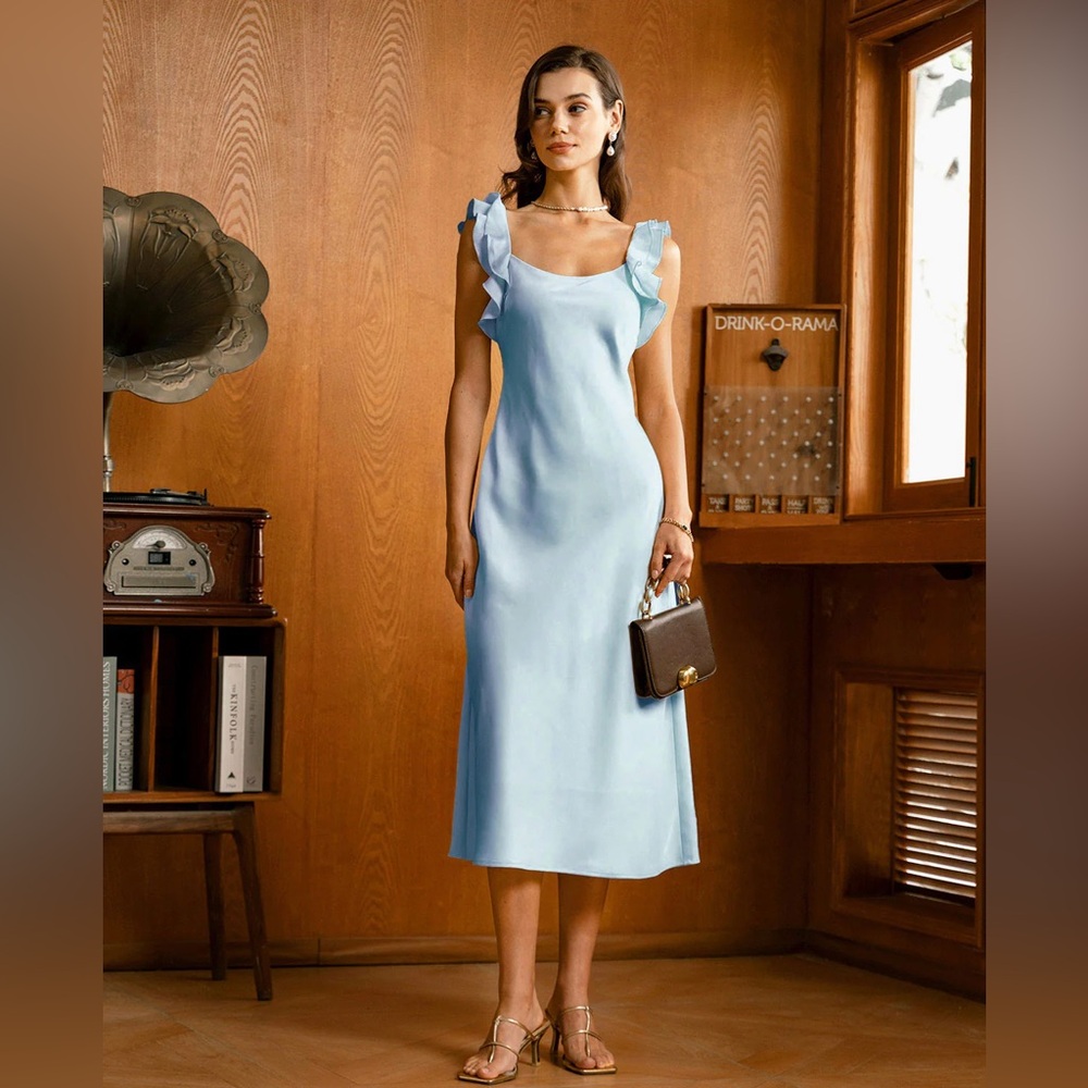 RIHOAS Blue Square Neck Ruffle Satin Midi Dress